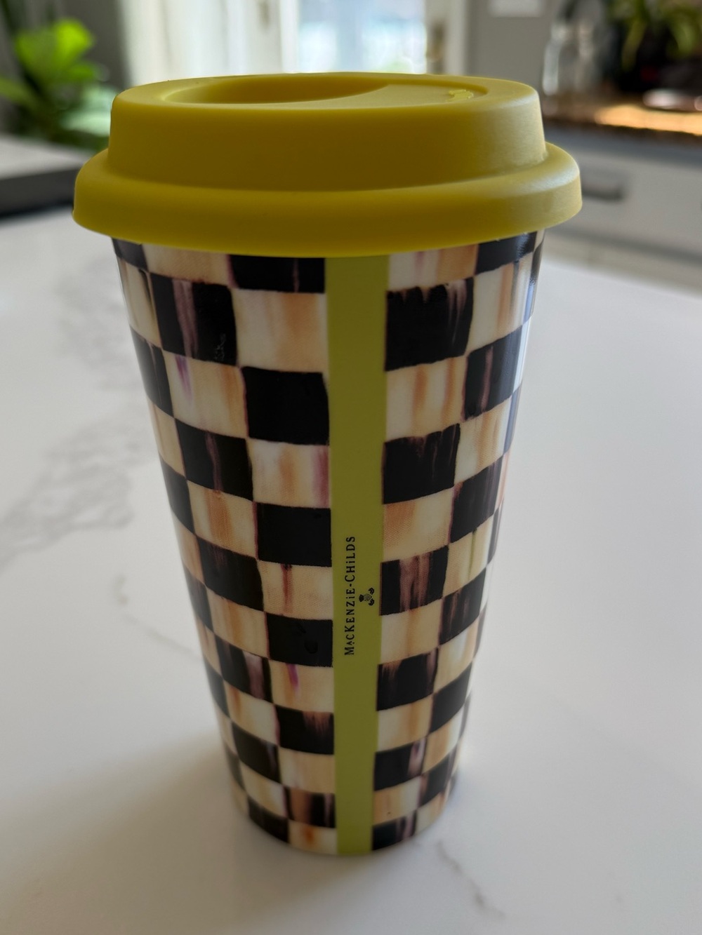 McKenzie-Childs Checkerboard Travel Tumbler with Yellow Lid